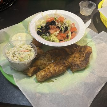 Dusty's Oyster Bar - Blackened Grouper with side salad and slaw - Seafood Near Me - Panama City Beach, Florida Dusty's Oyster Bar - Blackened Grouper with side salad and slaw - Seafood Near Me - Panama City Beach, Florida
