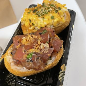 Rice Theory - The Corn & Cheese inari and Garlic Ponzu Ahi Tuna Inari - Japanese Near Me - Sacramento, California Rice Theory - The Corn & Cheese inari and Garlic Ponzu Ahi Tuna Inari - Japanese Near Me - Sacramento, California