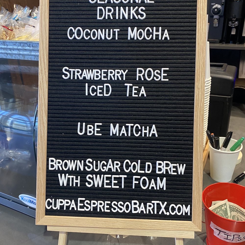 Cuppa Espresso Bar at Cross City - Seasonal drinks - Coffee & Tea Near Me - Euless, Texas Cuppa Espresso Bar at Cross City - Seasonal drinks - Coffee & Tea Near Me - Euless, Texas