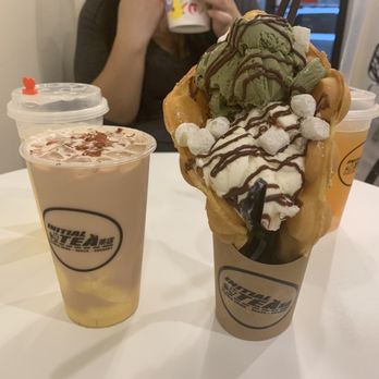 Initial Tea - Rose Milk tea (left) Green tea vanilla Waffle (right) - Desserts Near Me - Brooklyn, New York