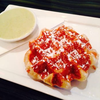 Medina Cafe - Waffle with white chocolate pistachio rosewater sauce - Breakfast & Brunch Near Me - Vancouver, British Columbia