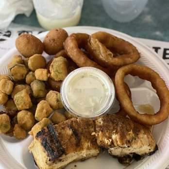 Capitol Oyster Bar - Grilled Amberjack, Onion Rings and Fried Okra - New American Near Me - Montgomery, Alabama Capitol Oyster Bar - Grilled Amberjack, Onion Rings and Fried Okra - New American Near Me - Montgomery, Alabama