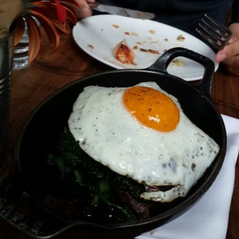 Manhattan Beach Post - white oak grilled steak and sunny side up egg with red chimichurri and broccolini - New American Near Me - Manhattan Beach, California Manhattan Beach Post - white oak grilled steak and sunny side up egg with red chimichurri and broccolini - New American Near Me - Manhattan Beach, California