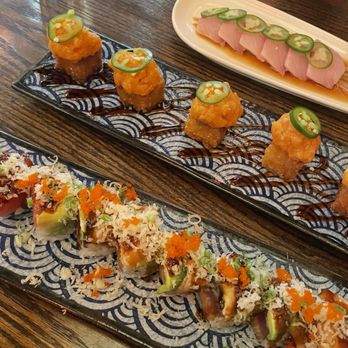 Hamachi 34 - top: Yellowtail Jalapeno (8) App middle: crispy rice with spicy salmon bottom: Tiger Roll - Japanese Near Me - New York, New York Hamachi 34 - top: Yellowtail Jalapeno (8) App middle: crispy rice with spicy salmon bottom: Tiger Roll - Japanese Near Me - New York, New York