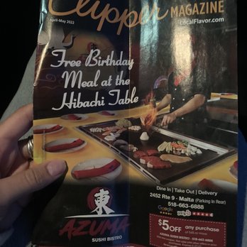 Azuma Sushi Bistro - Advertisement from clippers magazine (doesn't specify anything about minimum party size) - Sushi Bars Near Me - Malta, New York Azuma Sushi Bistro - Advertisement from clippers magazine (doesn't specify anything about minimum party size) - Sushi Bars Near Me - Malta, New York