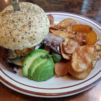 One Street Down Cafe - Cali burger with well seasoned potato chips. - Breakfast & Brunch Near Me - Redmond, Oregon
