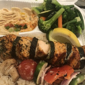 Chicken Maison - Salmon kabob over rice with steamed veggies and hummus. - Mediterranean Near Me - Redondo Beach, California Chicken Maison - Salmon kabob over rice with steamed veggies and hummus. - Mediterranean Near Me - Redondo Beach, California