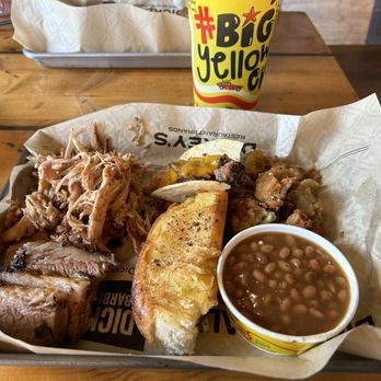 Dickey's Barbecue Pit - 2 choice plate. Brisket, pulled pork, bake beans, deep fried okra, and Texas toast. - American Near Me - Kapolei, Hawaii Dickey's Barbecue Pit - 2 choice plate. Brisket, pulled pork, bake beans, deep fried okra, and Texas toast. - American Near Me - Kapolei, Hawaii