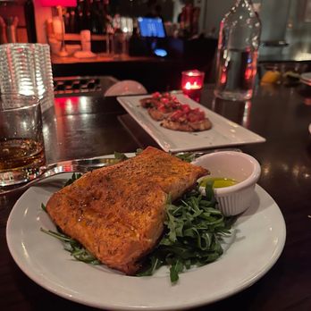 SWeL Restaurant - Salad with additional salmon, tomato bruschetta, Jameson whiskey - New American Near Me - Seattle, Washington SWeL Restaurant - Salad with additional salmon, tomato bruschetta, Jameson whiskey - New American Near Me - Seattle, Washington
