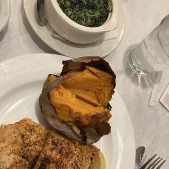 PJ Bernstein - Fresh Salmon Broiled with baked sweet potato and creamed spinach - Delis Near Me - New York, New York