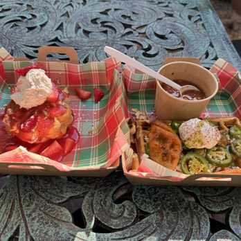 Whips Waffle - strawberry shortcake and elote street chili waffles - Waffles Near Me - St. Augustine, Florida