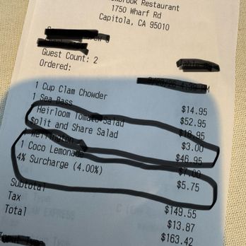 Shadowbrook - Split fee for a salad. We didn't ask for it to be split. It was offered to be done by our waiter. Why is there a 4% tax on the bill? - American Near Me - Capitola, California Shadowbrook - Split fee for a salad. We didn't ask for it to be split. It was offered to be done by our waiter. Why is there a 4% tax on the bill? - American Near Me - Capitola, California