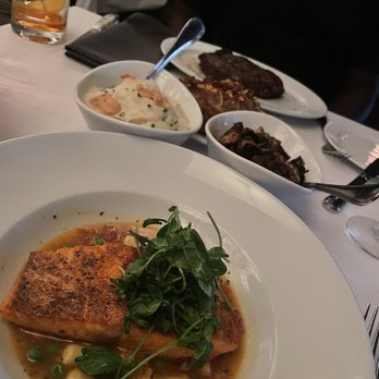 Ocean Prime - Ora king salmon, Lobster Mashed Potatoes, Roasted Brussels Sprouts and steak - Seafood Near Me - Dallas, Texas Ocean Prime - Ora king salmon, Lobster Mashed Potatoes, Roasted Brussels Sprouts and steak - Seafood Near Me - Dallas, Texas