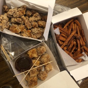 Tea Spots - Top left to right: popcorn chicken (mild), Sweet Potato Fries, Fried Tofu Snack (mild). Wow all were good, would recommend! - Shaved Ice Near Me - Pasadena, California