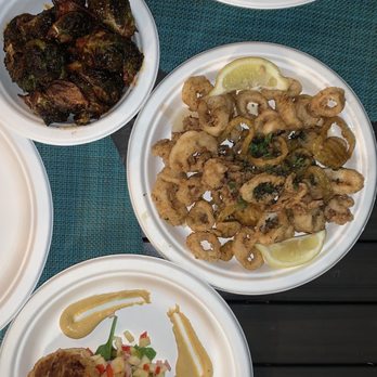 Caribbean Fish Market - Spicy brussle sprouts, tamarind calamari & CFM crab cakes - Seafood Near Me - St. Thomas, Virgin Islands Caribbean Fish Market - Spicy brussle sprouts, tamarind calamari & CFM crab cakes - Seafood Near Me - St. Thomas, Virgin Islands