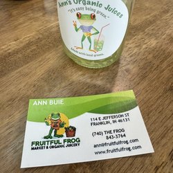 Fruitful Frog Market & Organic Juicery - This is a business card and one of their picture of their drink bottles