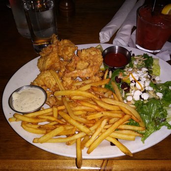 Five Bar - Shrimp,fries,and their house salad with fruit,nuts,and goat cheese - American Near Me - Tuscaloosa, Alabama