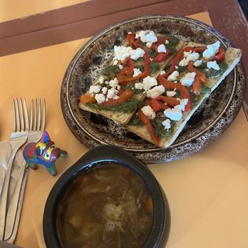 Roots Farm Cafe - Lamb Soup and Fancy Toast with pesto, goat cheese & roasted peppers. - Coffee & Tea Near Me - Tijeras, New Mexico Roots Farm Cafe - Lamb Soup and Fancy Toast with pesto, goat cheese & roasted peppers. - Coffee & Tea Near Me - Tijeras, New Mexico