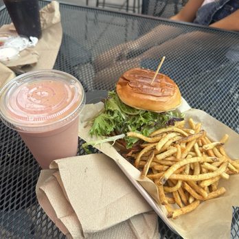 Drizzle - Sauce Burger plus upgraded to fries. Strawberry fields smoothie. - Desserts Near Me Drizzle - Sauce Burger plus upgraded to fries. Strawberry fields smoothie. - Desserts Near Me