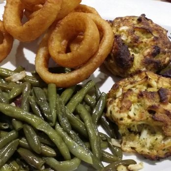 Skipjack's - Double crab cake with green beans and onion rings - Seafood Near Me - Nottingham, Maryland Skipjack's - Double crab cake with green beans and onion rings - Seafood Near Me - Nottingham, Maryland