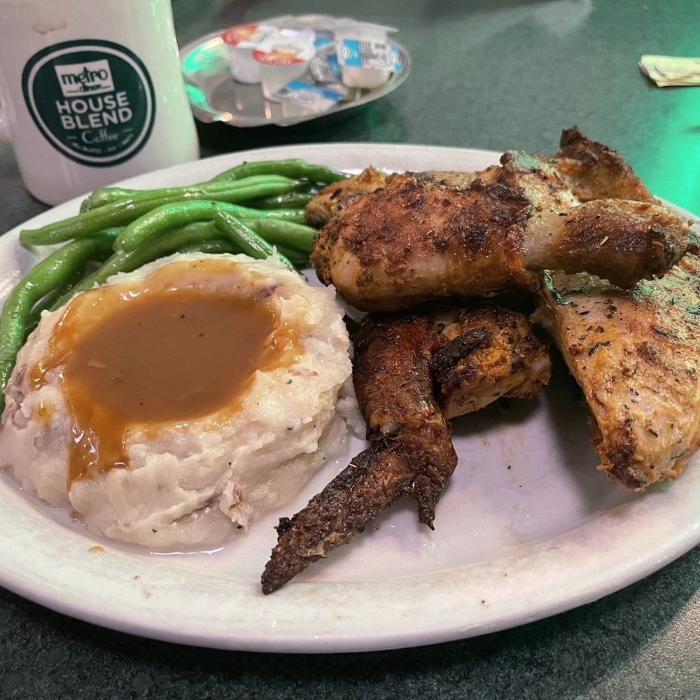 Metro Diner - Herb Roasted Chicken (half a chicken) with mashed potatoes and steamed green beans. - Diners Near Me - Newark, Delaware Metro Diner - Herb Roasted Chicken (half a chicken) with mashed potatoes and steamed green beans. - Diners Near Me - Newark, Delaware
