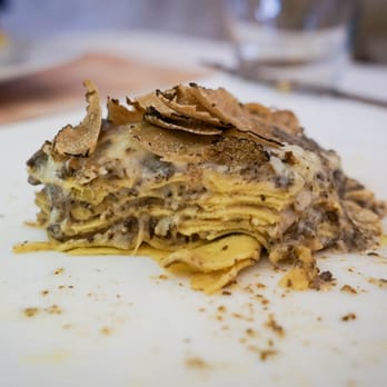 Osteria Barberini - Lasagna with Black Mushrooms, Porcini Mushrooms, Mozarella, and Parmesan Cheese - Seafood Near Me - Rome, RM Osteria Barberini - Lasagna with Black Mushrooms, Porcini Mushrooms, Mozarella, and Parmesan Cheese - Seafood Near Me - Rome, RM