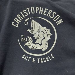 Christopherson Bait Shop - Navy blue hoodie, no logo on hood. The ball caps will have this logo.
