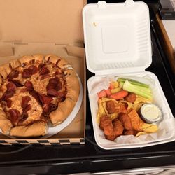 2 lb pizza with pepperoni and feta. 6 piece Boneless Buffalo wings.