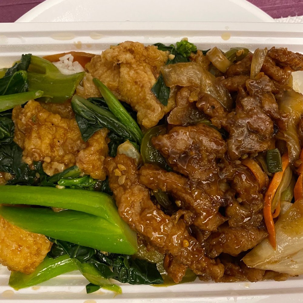 2 item on steam rice combo -- fish and veg and a pork item. Delicious. $8.60 FTW. 2 item on steam rice combo -- fish and veg and a pork item. Delicious. $8.60 FTW.