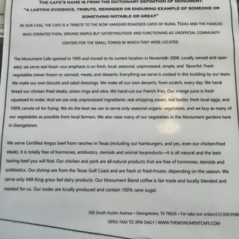 The Monument Café - Back of menu - American Near Me - Georgetown, Texas