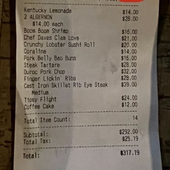 Beginnings - The bill (with ordered menu items, prices & totals). - Bars Near Me - Atlantic Beach, New York