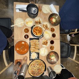 half order of tteokbokki, full order of dumplings, seafood pancake, 3 orders of kimchi, spicy kalguksu, and two orders of cold noodles half order of tteokbokki, full order of dumplings, seafood pancake, 3 orders of kimchi, spicy kalguksu, and two orders of cold noodles