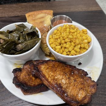 Sauce Boss Southern Kitchen - Blackened Pork Chops with spicy corn and collared greens. - Southern Near Me - Draper, Utah Sauce Boss Southern Kitchen - Blackened Pork Chops with spicy corn and collared greens. - Southern Near Me - Draper, Utah