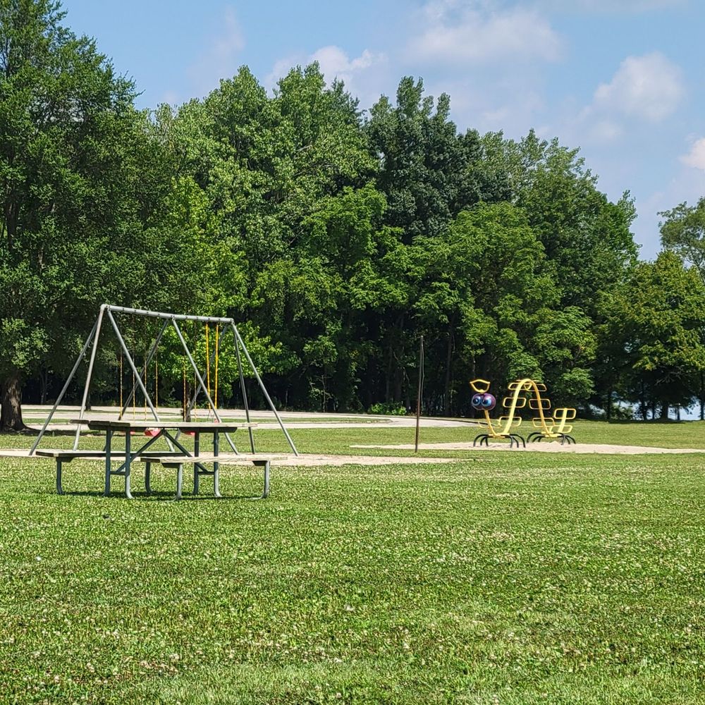Swings, picnic table, and caterpillar climbing structure
