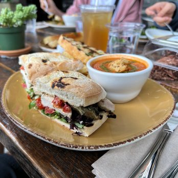 Urban Plates - grilled Grilled Cage Free Chicken Sandwich with Bowl Tomato Basil Soup (vegan) - Salad Near Me - Pasadena, California Urban Plates - grilled Grilled Cage Free Chicken Sandwich with Bowl Tomato Basil Soup (vegan) - Salad Near Me - Pasadena, California