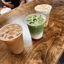 Churro shaken cold brew, matcha, and their cajeta iced coffee