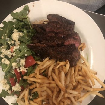 Tartine - Pan seared flat Iron steak with Cabernet sauce, arugula, Gorgonzola and tomato salad and ponme fries - Desserts Near Me - Coronado, California Tartine - Pan seared flat Iron steak with Cabernet sauce, arugula, Gorgonzola and tomato salad and ponme fries - Desserts Near Me - Coronado, California