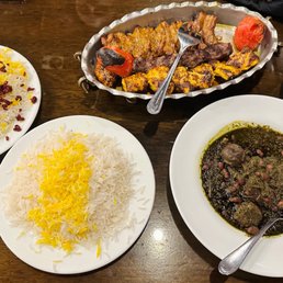 Zeitoon palace platter (mixed kabab) Ghormeh Sabzi Barberry rice Mirza ghasemi Zeitoon palace platter (mixed kabab) Ghormeh Sabzi Barberry rice Mirza ghasemi