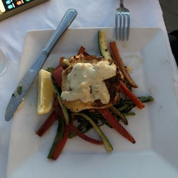 Boathouse at Hendry's Beach - Halibut (no potato pancake, we got extra veggies instead) - Seafood Near Me - Santa Barbara, California