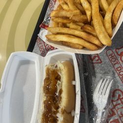 Sneaky Petes Hotdogs - Fries and regular sneaky Petes extra onions