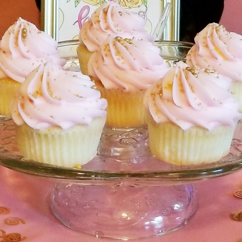 Texas Star Bakery - White cupcakes with pink frosting, gold flakes and pearls for pink and gold birthday party - Bakeries Near Me - Hurst, Texas Texas Star Bakery - White cupcakes with pink frosting, gold flakes and pearls for pink and gold birthday party - Bakeries Near Me - Hurst, Texas