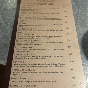 Yours Truly - Menu as of opening day 1/31/24 - Speakeasies Near Me - Honolulu, Hawaii