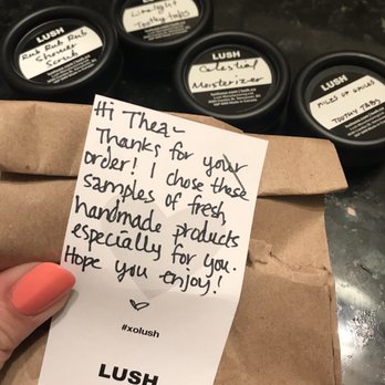 Lush - Unprompted customized large samples, with a sweet handwritten note. - Cosmetics & Beauty Supply Near Me - Bellevue, Washington