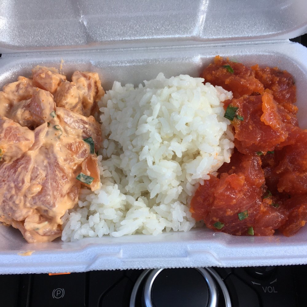 Fresh Catch - Poke with rice ($10) - firecracker ahi, spicy salmon - omg so good. - Hawaiian Near Me - Honolulu, Hawaii