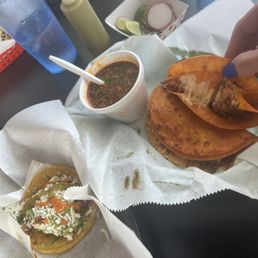 Birria tacos and chorizo taco