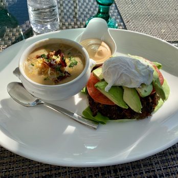 Club 19 - Daily special - open faced homemade veggie patty with a poached egg and the best clam chowder I've ever had! - American Near Me - Dana Point, California