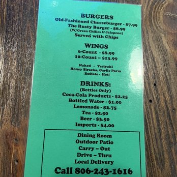 Rusty's - One side of menu - Burgers Near Me - Shamrock, Texas