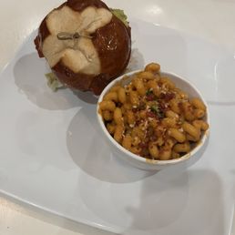 Mac and cheese and burger Mac and cheese and burger