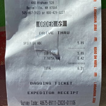 Burger King - Burger King.  My receipt for one Spicy Deluxe Hand-Breaded chicken sandwich. - Burgers Near Me - Bernalillo, New Mexico