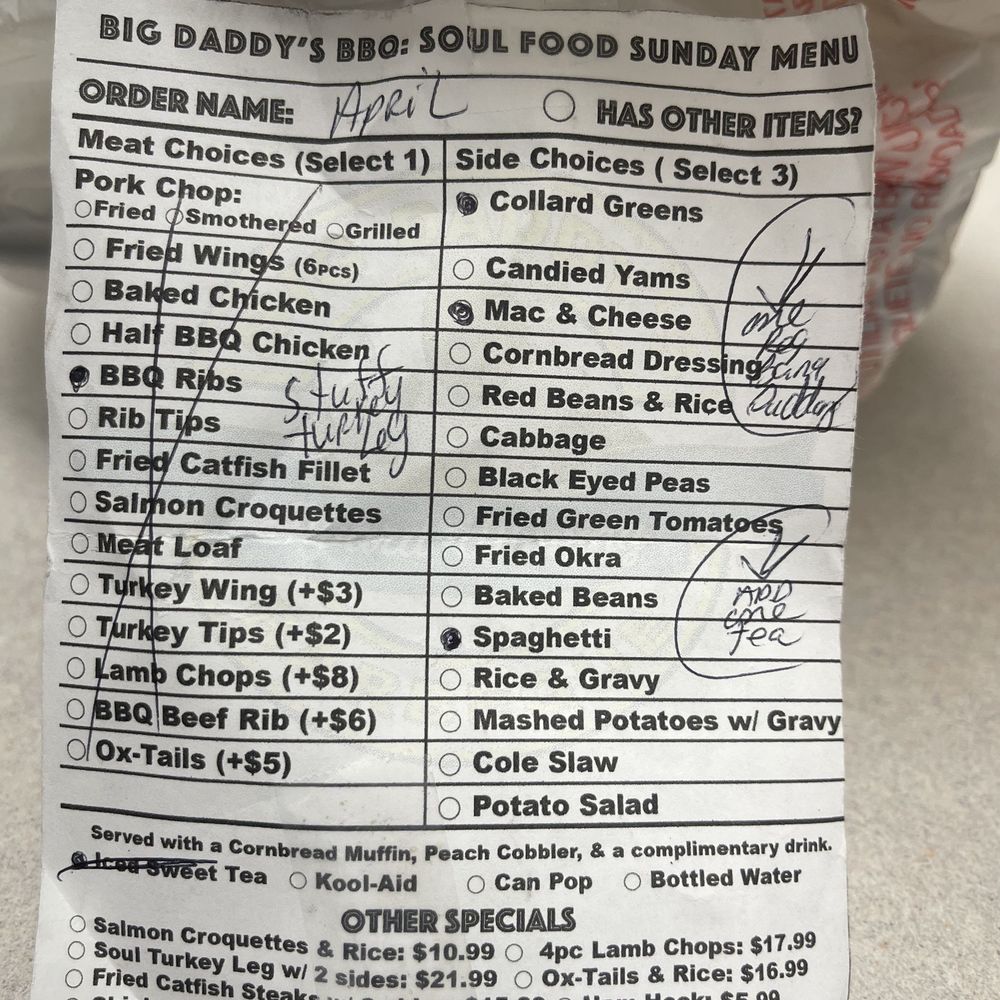 Big Daddy's BBQ - The order slip/ U can see the changes that were made - Barbeque Near Me - Gary, Indiana